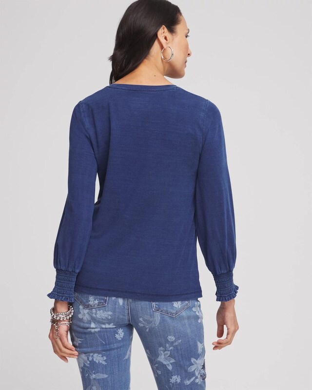 Faux Denim Smocked Sleeve Tee - image 3